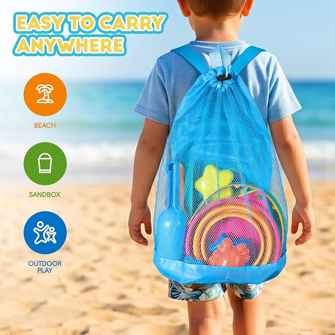 MGparty Collapsible Beach Toys Set for Kids, 3 Pack Foldable Sand Buckets with Shovels Molds Mesh Bag, Portable Travel Sandbox Toys for Toddlers Kids Age 3-10