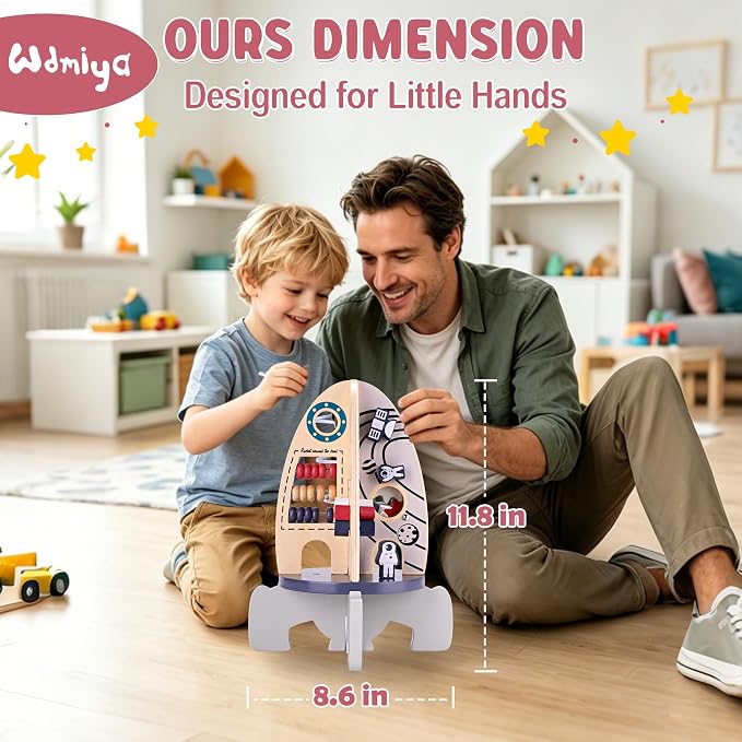 Wdmiya Space Wooden Activity Cube Toys for Baby, Montessoritoys for 1 Year Old Boy & Girl Birthday Gifts, Sensory and Educational 1st Birthday Gifts, Busy Board Toys for Baby Boy 6-18 Months (Rocket)