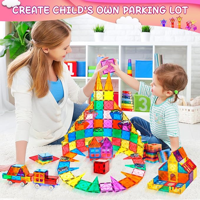 Lotmey 132PCS Magnetic Tiles with 2 Cars Deluxe Set, 3D Magnetic Building Blocks, Preschool Magnetic STEM Toys Sensory Educational Toys for Toddlers Kids 3 4 5 6 7 8-12, Gift for Boys Girls