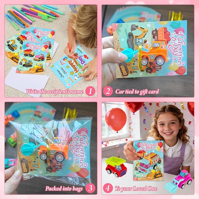 Car Toys for Ages 3-5 Kids - 27PCS Valentine Gifts with Pull Back Cars Truck Vehicles Set for Boys Girls, Construction Toy for Class Party Favors, Potty Training Reward for Kid Classroom