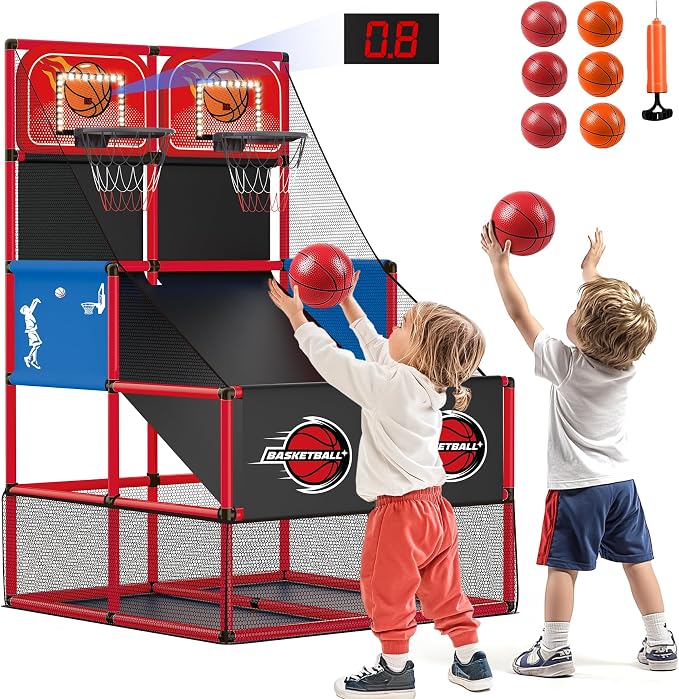 M SANMERSEN Kids Double Basketball Hoop Arcade Game Set with 6 Balls Electronic Scoreboard LED Light, Indoor & Outdoor Play, Birthday/Halloween for 3-8 Year Old Boy and Girl