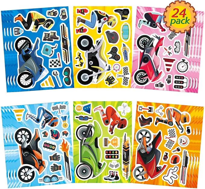 24 Sheets Motorcycle Stickers for Kids, Make a Motocross Face Sticker, Make Your Own Dirt Motobike Stickers for Kids Party Favor Birthday Party Supplies Crafts