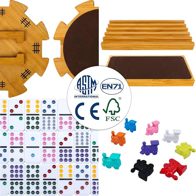 GOTHINK Double 12 Mexican Train Dominoes Set in Wooden Carry Case, Colored Dots Domino Set for Adults Kids and Family, Included 91 Tiles, 9 Trains, Wooden Hub, 8 Holders, 2 Scorepad in Vintage Box