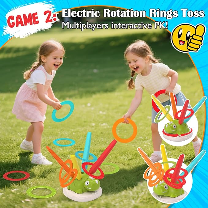 Dinosaur Rocket Launcher for Kids, 3 in 1 Outdoor Toys for Kids Ages 3-8, Stomp Rocket, Musical Jumping Toy & Ring Toss Game , Backyard Toys, Birthday Gift for 3 4 5 6 7 8 Year Old Boys Girls