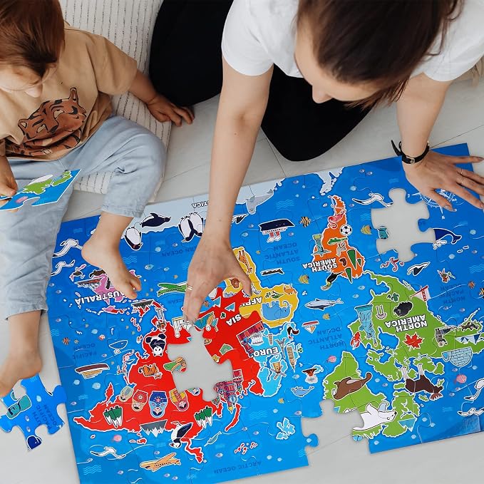IFLOVE World Map Floor Puzzle for Kids — 48 Piece Jumbo Geography Jigsaw Puzzle, Globe Atlas Puzzle with Continents Animals Landmarks, Educational Toy Birthday for Boys Girls Ages 3-8