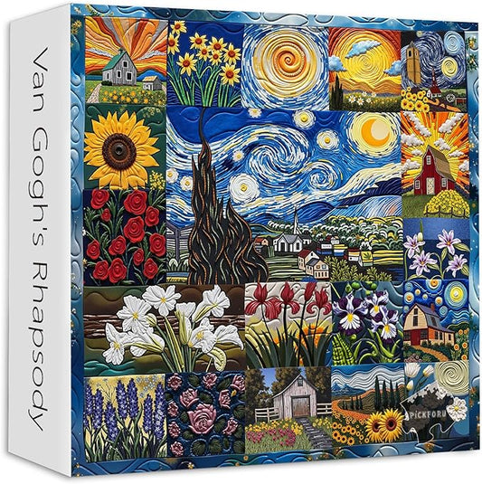 PICKFORU Van Gogh's Rhapsody Puzzles for Adults 1000 Pieces, Starry Night Flower Art Jigsaw Puzzles, Oil Painting Theme as Home Decor