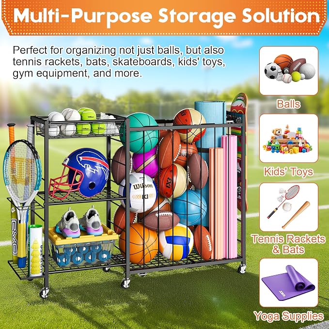 Ball Storage with Elastic Rope for Sports and Outdoors, Garage Organization with Wheels for Sports Gear and Toys, Large-Capacity Sports Equipment Organizer with Baseball Bat Holder and Basketball Rack