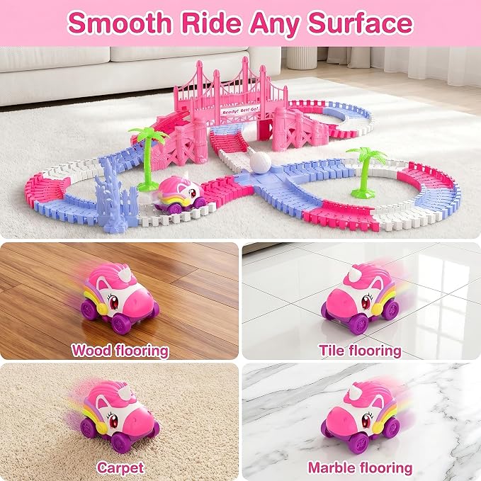 Race Car Tracks Toy Set for Girls Age 3-8, 214PCS Pink Princess Cars Toys | with Monster Truck & Magic Bendable Train Tracks, Flexible DIY Raceway Set for Toddler Girls Christmas Birthday Gifts
