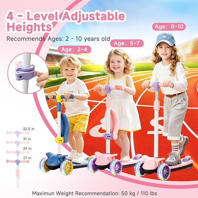 2 in 1 Kick Scooter with Removable Seat, 3 LED Wheels Kick Scooter for Kids, 4 Adjustable Height & Foldable Design Toddler Scooters Sit or Stand Ride for Boys & Girls 2-10 Years Old