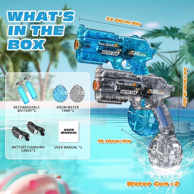 2 Pack Electric Water Gun for Adults & Kids, Automatic Squirt Gun with 26 FT Range, Light Up Muzzle, Rechargeable Battery, 320cc Drum Reservoir, Outdoor Beach Pool Party Toy Gift for Boys Girls
