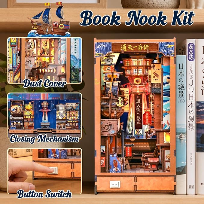 CUTEBEE Book Nook Kit - DIY Miniature House Japanese Street Diorama, Fold-Out Dollhouse Booknook for Adults, Tiny House Bookshelf Decor 3D Wooden Puzzle Gifts (Tsutenkaku Ichiban Street)