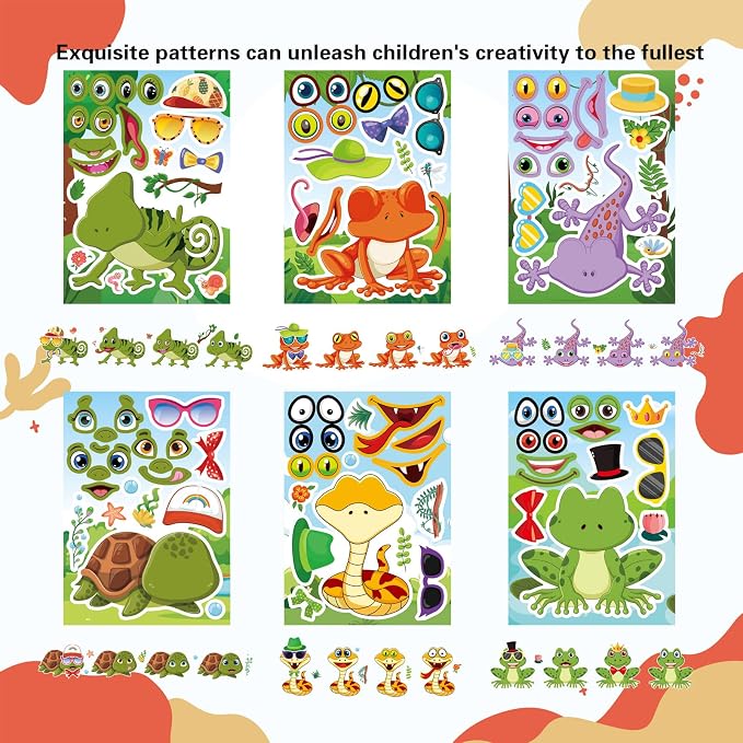 24 PCS Make-a-face Sticker for Kids, Make Your Own Reptile Animal Mix and Match Sticker with Snakes, Lizards, Frogs, Turtles, Kids Party Favor Supplies Craft