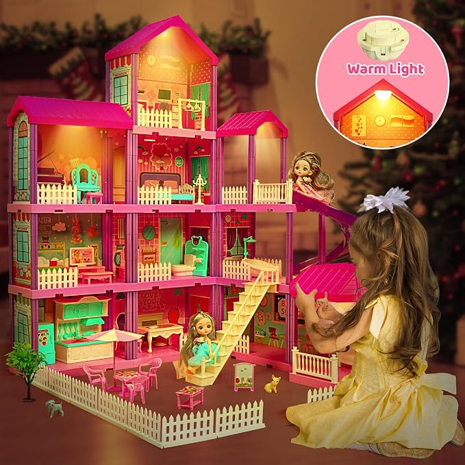 beefunni Doll House, Dollhouse for Girls, Doll Houses with 4 Stories-11 Rooms, 2 Dolls, Furniture Accessories and Lights, Princess Dollhouse 2026 Christmas Toy Gifts for 3 4 5 6 7 8+ Year Old Girls