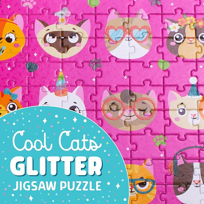 Chuckle & Roar - Cool Cats Glitter 100 Piece Jigsaw Puzzle for Kids Ages 6+ - Educational Puzzle with Glitter Accents - Fine Motor Skills and Screen Free Fun - Giftable Kids Puzzle 11 x 15 Inches