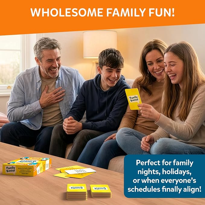 Gouda Games Family Banter Card Game, Fun and Hilarious for Family Game Night, Interactive Conversation with 148 Question Cards, Travel Game for Kids Teens and Adults, Gift Ages 8, 9, 10 and Up