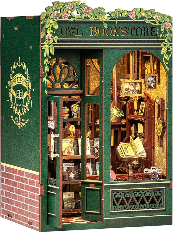 Fsolis Book Nook Kit - DIY Booknook Bookshop（OWL Bookstore） | Miniature House 3D Wooden Puzzles for Beginners, 139 Wood Pieces, Bookshelf Building with Light, Gifts for Book Lovers