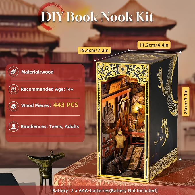 CCCDF Book Nook Kit, 3D Wooden Puzzle for Teens and Adults, DIY Miniature Dollhouse Booknook Kit Bookend Bookshelf Insert Decor with LED Light (The Emperor’s Study)