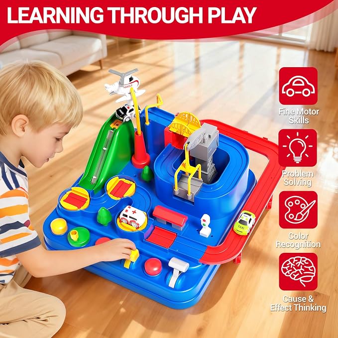 Toys for 3 Year Old Boys, Large City Adventure Car Race Track for Toddlers, STEM Montessori Playset with 4 Cars & Helicopter, Educational Learning Toy, Birthday Christmas Grandkids Gifts