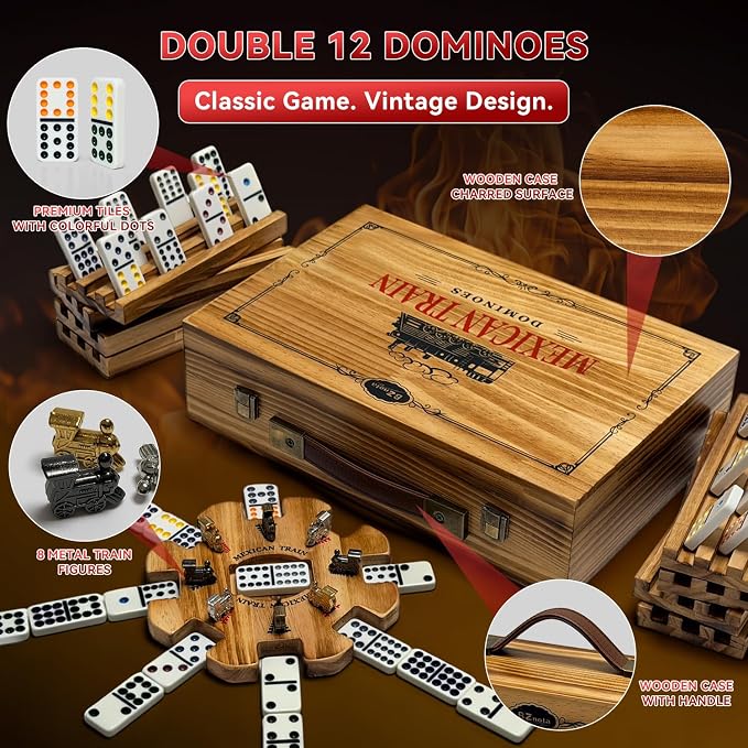 Mexican Train Dominoes Set with 8 Charcoal-burned Wooden Holders & Hub, Double 12 Dominos Set Colored Dot 91 Tiles in Vintage Wooden Case, Travel Dominos Set Metal Trains for Adults Family Game