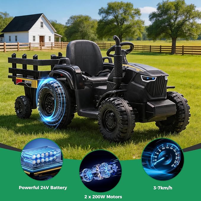24V Kids Ride-On Tractor with Trailer, 400W Electric Farm Truck with Remote & Pedal Control, Headlights, USB MP3, Power Display, Adjustable Speeds, Safety Belt, Ride-On Toy Gift, Black