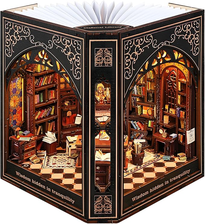 Book Nook Kit with Nightlight – Type-C and Battery Powered DIY Bookshelf Decor, Perfect for Home and Office Gift（Classical Library）