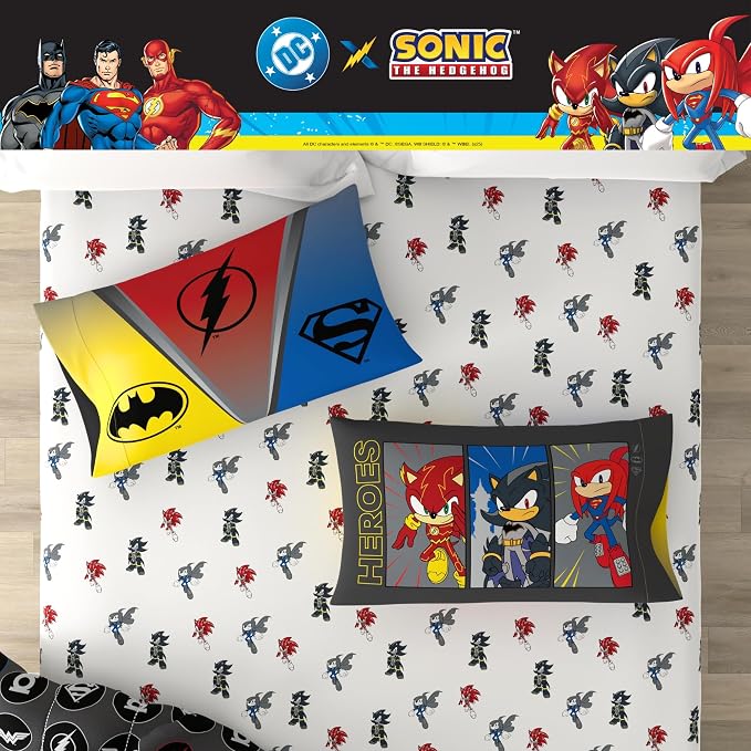 DC x Sonic The Hedgehog Kids Bedding Set, Full Size, 5-Piece Super Soft Cozy Reversible Comforter & Sheet Set (Officially Licensed Product) by Franco