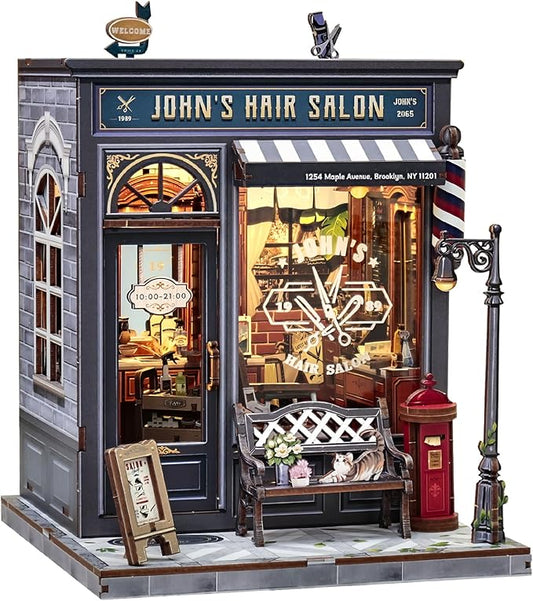 CUTEBEE Book Nook Kit - DIY Miniature House Dollhouse Kit for Adults, Booknook Hair Salon Barbershop Tiny House Bookshelf Decor 3D Wooden Puzzle, Gifts for Family and Friends (John's Hair Salon)