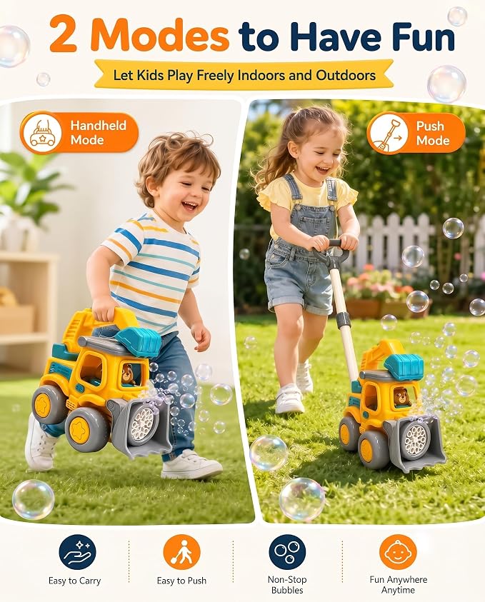 Excavator Automatic Bubble Machine for Toddler Kid Toy 3 4 5 6 7 8 Year Old Little Boy Girl Gift Lawn Mower Maker Blower Summer Outdoor Push Toys Easter Christmas Birthday Present