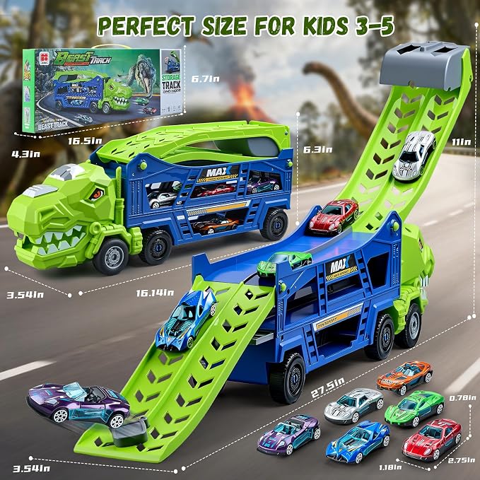 Dinosaur Truck Toys for Kids 3-5 - Transporter Carrier Truck with 6 Die-Cast Cars Toys, 3 in 1 Truck with 2 Foldable Race Tracks, Christmas Birthday Gifts Toys for 3 4 5 6 Years Old Boys(Jungle Blue)