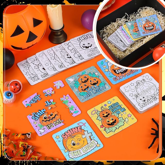 Realspring 24 Pack Christian Pumpkin Color Your Own Halloween Jigsaw Puzzles for Kids 3-5, 4-6, 6-8, Christian Pumpkin Crafts DIY Coloring Paper Jigsaw Halloween Party Favors Goodie Treat Gift
