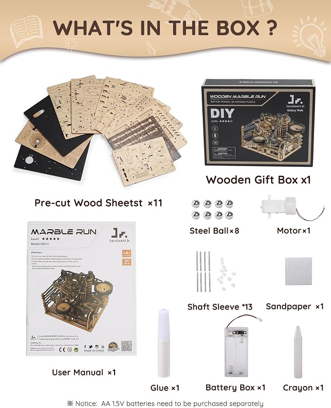 Sainsmart Jr. 3D Wooden Puzzles for Adults, Electric Marble Run Building Kit, Wooden Model Kits Spaceport, Creative Gifts for Teens Ages 14+ (Galaxy Walk)