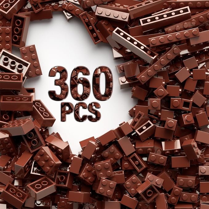 360 Piece White Classic Building Blocks Bulk, 7 Sizes Building Bricks Assortment Pack, Compatible with Lego Parts and Pieces (Brown)
