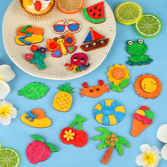 Worgree Summer Crafts for Kids, 36 Pcs DIY Wooden Magnets Art Craft Supplies Painting Kit for Boys Girls Ages 4-8 8-12 Birthday Party Gifts Summer Activities School Classroom Prizes