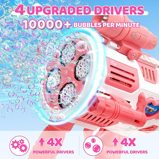 Bubble Gun with Upgraded 4 Fan Drives (Bulit-in 3 oz Bubble Solution), Bubble Machine Gun for Kids Toddlers Adults, Automatic Bubble Blower for Summer Outdoor Party Birthday Wedding Toys