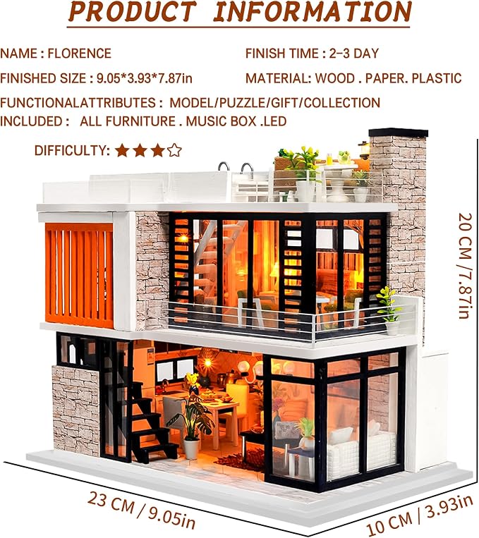 Spilay Dollhouse Miniature with Furniture,DIY Kit Mini Modern Villa Model with Music Box,1:24 Scale Creative Doll House Best Christmas Birthday Gift for Lovers Boys and Girls(Florence)