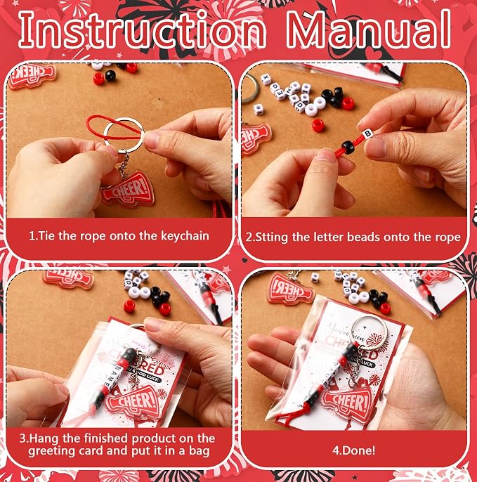 Suncalla 996 Pcs 24 Set Cheer Keychain Making Kit DIY Key Chain Crafts Cheerleader Gifts Cheerleading Bag Charms Adjustable Letter Beads Cards Strings Red Kit for Backpack Team Gift Sport Accessory