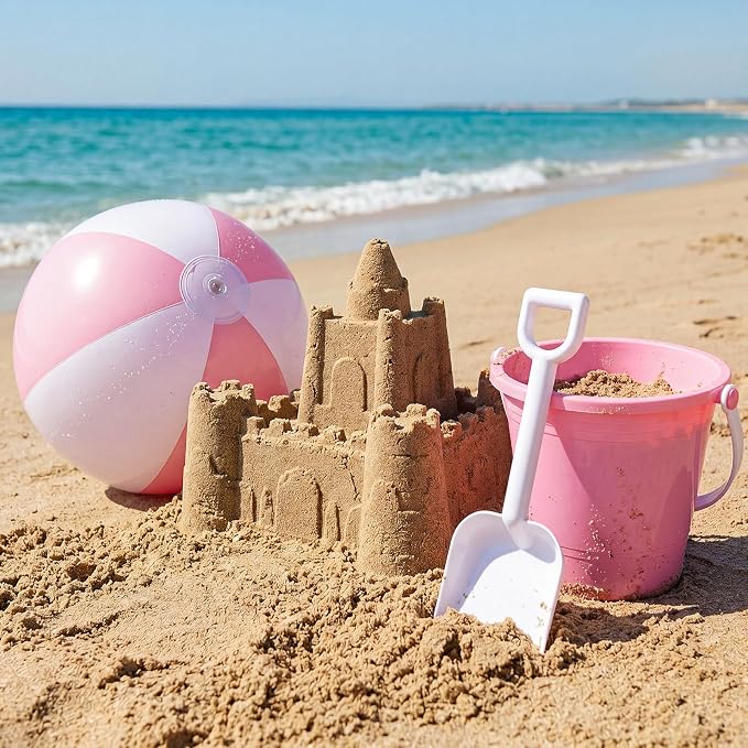 Lunmon 72 Pcs Beach Toys for Kids 24 Set Sand Buckets Shovels Bulk Pastel Beach Balls Inflatable Sand Toys for Girls Boys Toddlers Games Birthday Summer Pool Party Favor (Pink White, Vivid)