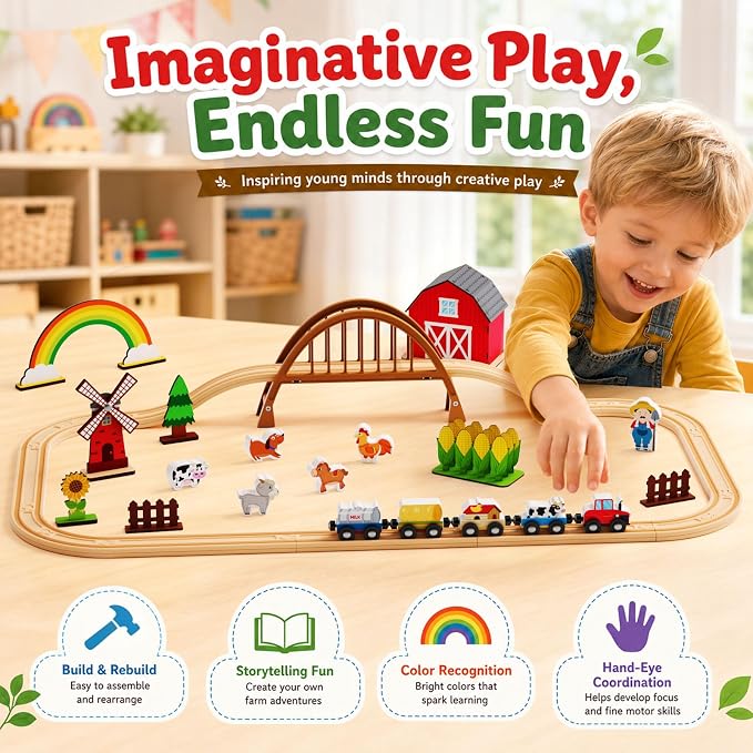 Wooden Farm Train Set,Toddler Toys,Train Set for Toddlers 3-5,Magnetic Train Toys,with Plastic Tracks Compatible with Major Brands Expandable，Sensory Toys for Kids,Ideal Gifts Boys, Girls