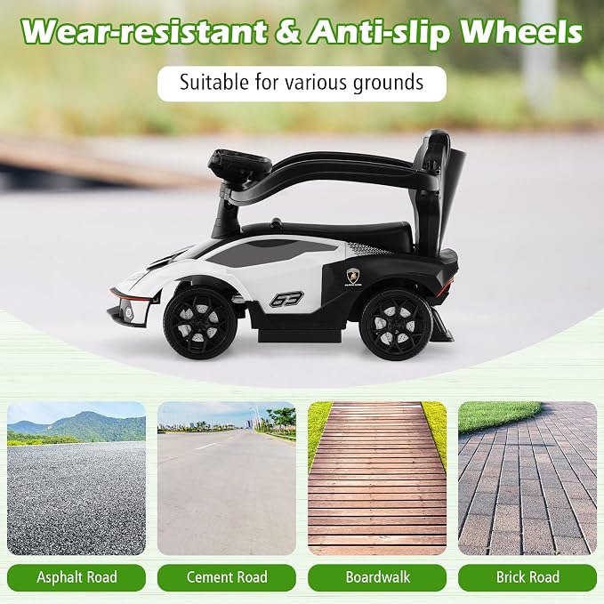 Costzon Push Cars for Toddlers, 3 in 1 Licensed Lamborghini Stroller Sliding Walking Car w/Handle, Armrest Guardrail, Underneath Storage, Horn, Foot-to-Floor Ride On Toy for Boys Girls (White)