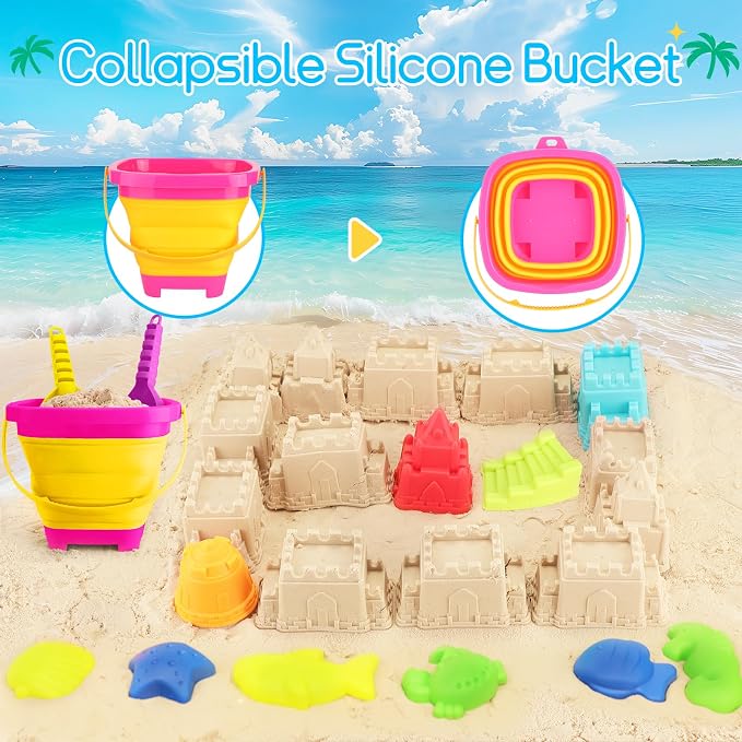 Beach Toys for Kids Ages 4-8: Construction Sand Toys Set with Collapsible Beach Bucket, Castle Molds & Trucks, Durable Beach Sand Play Kit for Boys & Girls