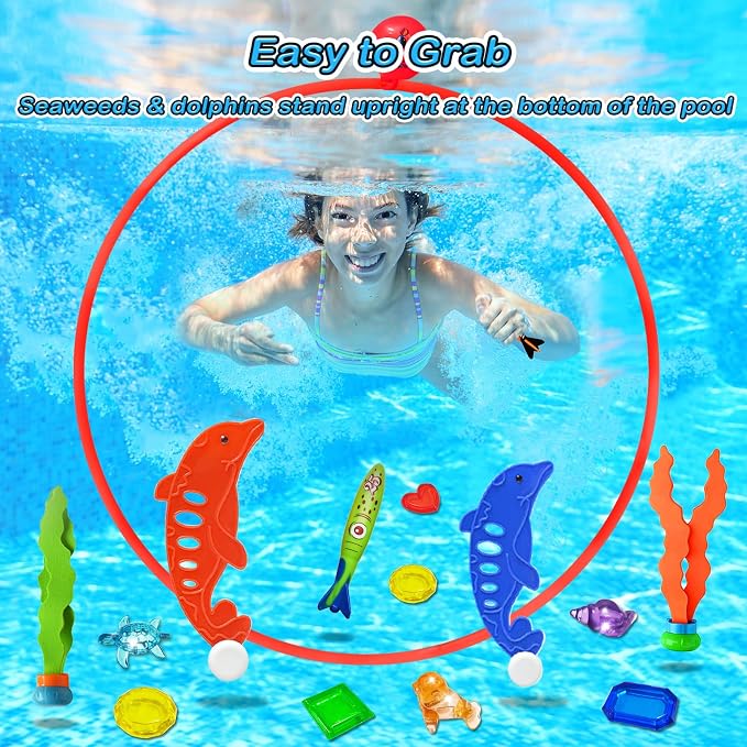 Jasonwell Pool Toys Diving Rings - 28PCS Swim Thru Rings Pool Game Diving Toys with Dive Ring Underwater Treasures Torpedo Bandits Fish Toy Fun Water Swimming Toys for Boys Girls Kids (Muticolor)