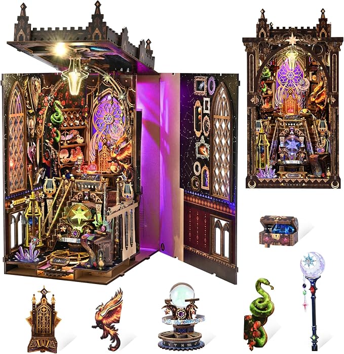 TOYQI Book Nook Kit, Book Nook Kits for Adults | DIY Miniature Dollhouse Kit 3D Wooden Puzzle Booknook Bookend with LED Light