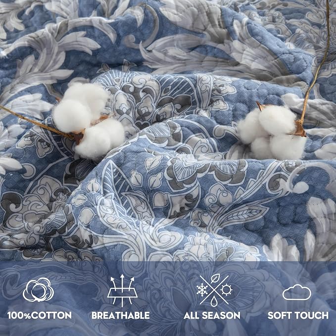 Queen Size Quilt Set - Dusty Blue and Gray Quilt Set Queen, 100% Cotton Floral Bedspread Set 3 Piece, Classic Damask Bedspread, Reversible Lightweight Quilt Bedding Set