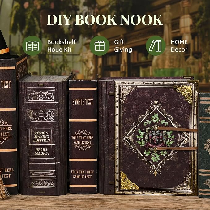 CCCDF Book Nook Kit - DIY Magic Book Miniature Dollhouse Booknook Bookshelf Decor 3D Wooden Puzzle, Gifts for Family, Friends (Potion-Making Edition)