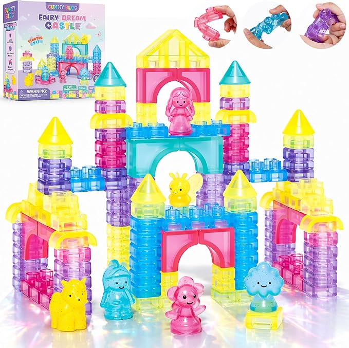 Gummy Bloc Princess Castle Building Blocks for Toddlers, 54 PCS Soft Sensory Squishy Blocks, Non-Toxic Montessori Stacking Toys for Fine Motor Skills, STEM Preschool Educational Gift for Girls
