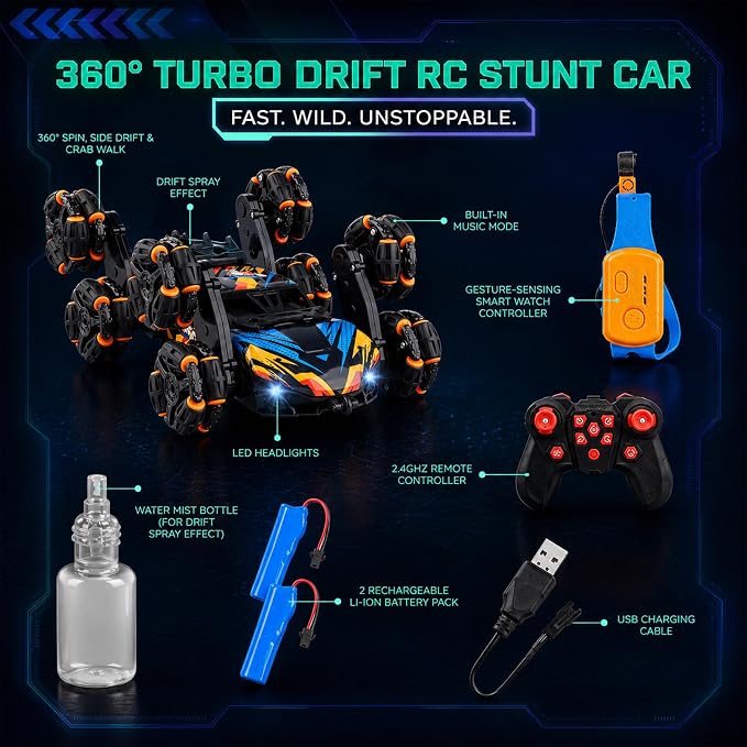 Gesture Sensing RC Stunt Car for Boys 6-12 — 8-Wheel Hand Controlled & Remote Control Drift Car, 360° Flips & Spins, 2 Rechargeable Batteries, LED Lights & Mist, Birthday Gift for Kids 6 7 8 9 10 11