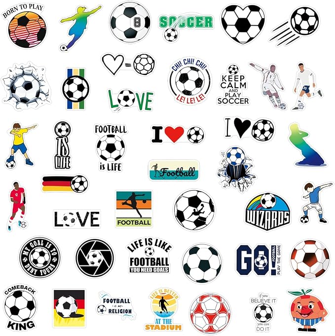 QTL Soccer Stickers for Kids Boys, Soccer Party Supplies, Waterproof Vinyl Stickers for Water Bottle and Laptop, 50PCS