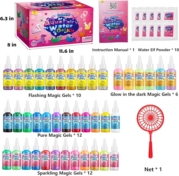 Golinkid Magic Water Elf Toy Kit for Kids, 40 Bottles Aqua Fairy Water Gel Kit, 4 Style Magic Water Kits with 24 Molds 10 Pack of Magic Powder, Crate Your Own Water Pets Craft Kits（40 Colors）