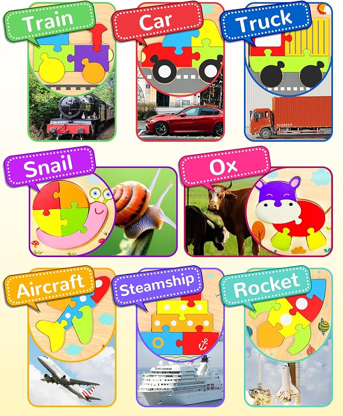 Yetonamr Wooden Toddler Puzzles Gifts Toys for Boys Girls, 8 Vehicle Shape Montessori Toy Educational Blocks Kids Toys Gift Baby Learning Toy