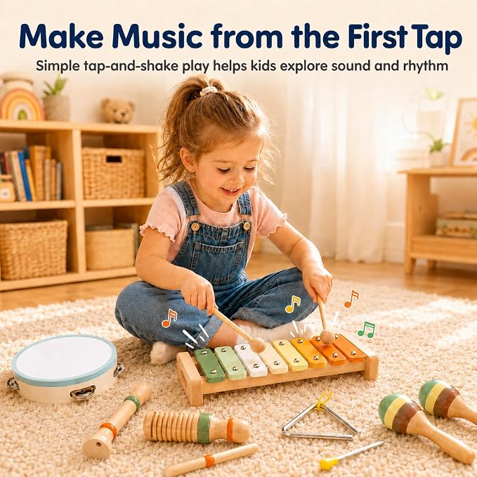 Wooden Musical Instruments Set for Toddlers 3+, Montessori Music Toys with Xylophone, Maracas & Tambourine, Soft Sound Indoor Percussion Toys, Early Learning Gift for Boys Girls